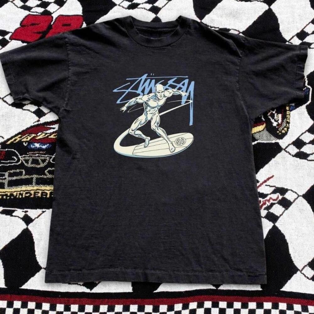 Gildan Black T Shirt Stussy Black Surf Tee With Silver Graphic